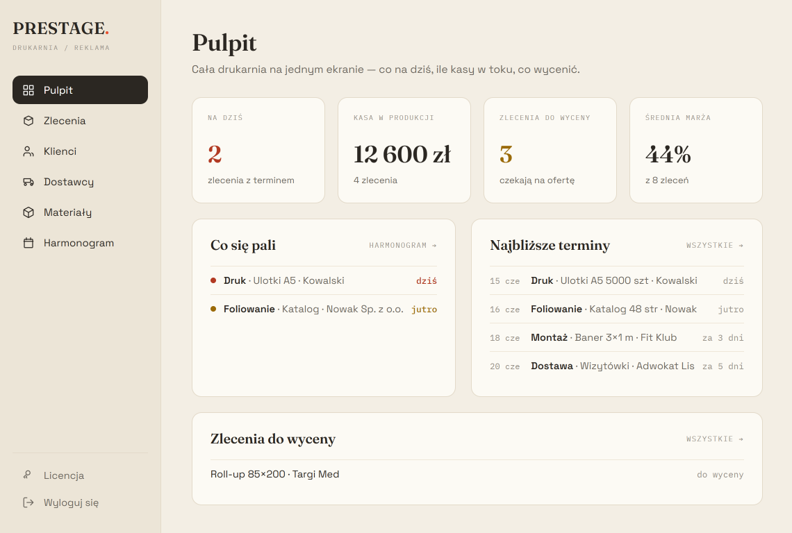 Pulpit PRESTAGE — Zaplecze drukarni i agencji reklamowej