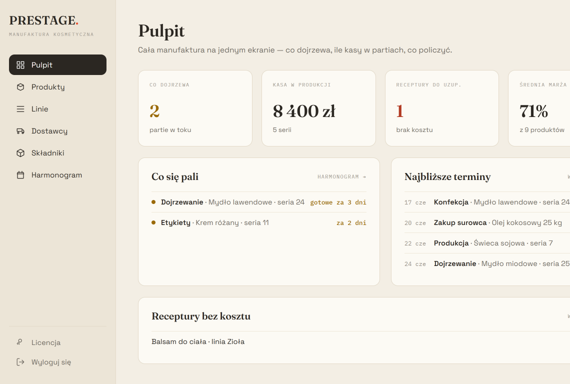 Pulpit PRESTAGE — Zaplecze manufaktury kosmetycznej