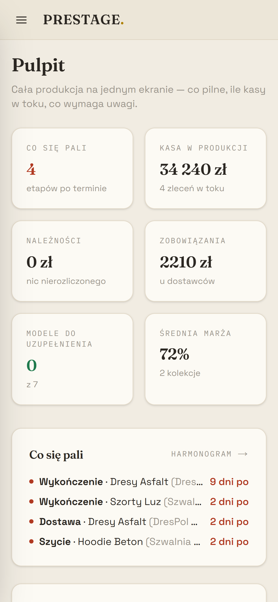PRESTAGE na ekranie telefonu — pulpit produkcyjny w przeglądarce mobilnej